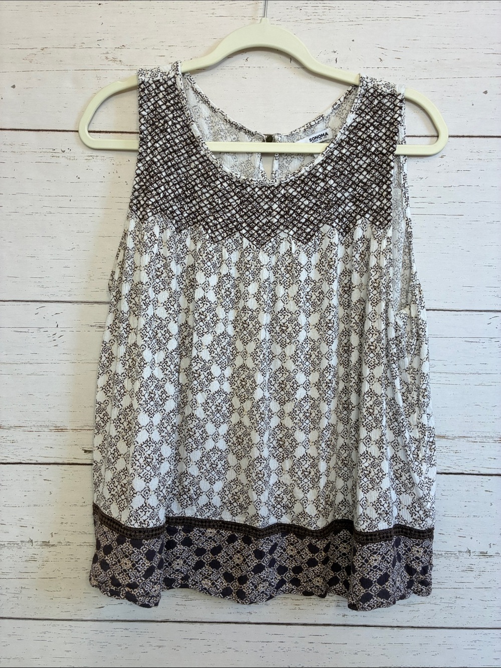 Sonoma Cream and Brown Printed  Rayon Tank Top Blouse w/Smocked Bodice, size L